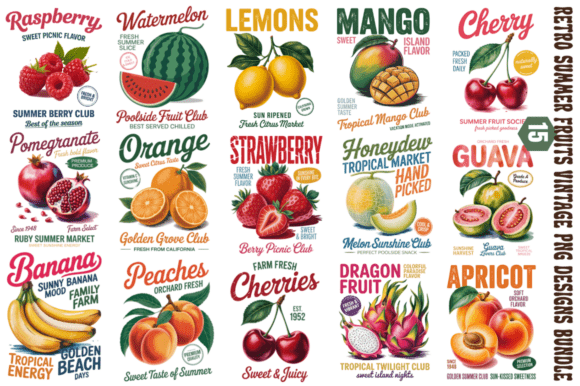 Download Retro Summer Fruits Vintage PNG Designs - Fruits Collection