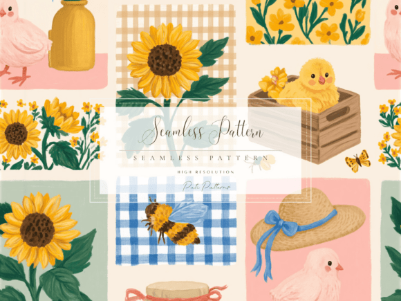 Download Sunflower Farmhouse Patchwork Seamless Pattern for Kids - Premium Bundle