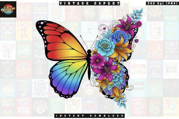 Download Bright Rainbow Floral Butterfly Clipart - Bright rainbow Collection